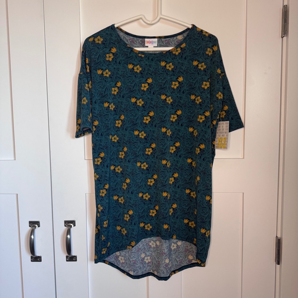 NWT LuLaRoe Irma Tunic Top Green with Yellow Floral Print Top Women's Size XXS